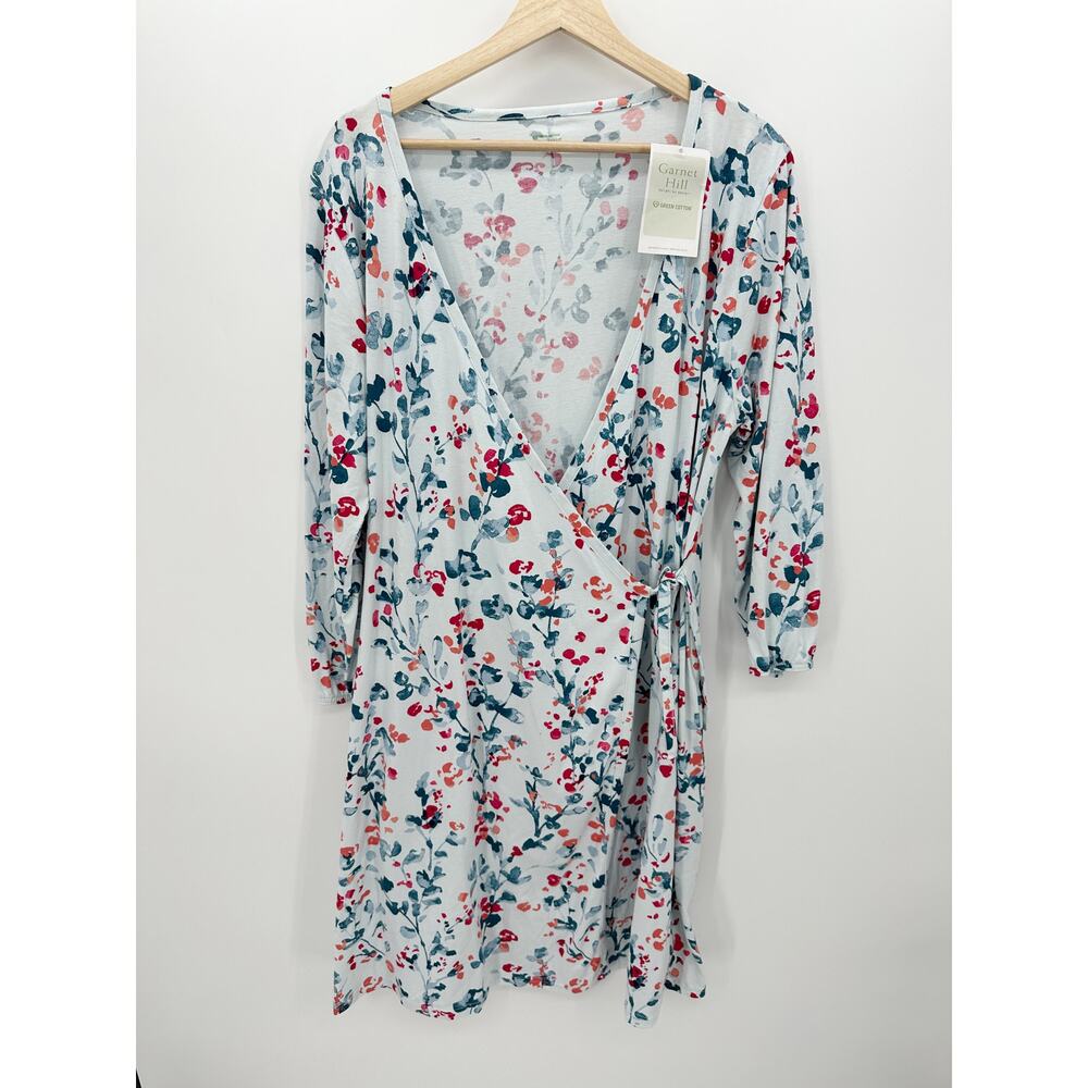 Green Cotton by Garnet Hill Blue Floral Wrap Front Dress Knee Length XL NWT